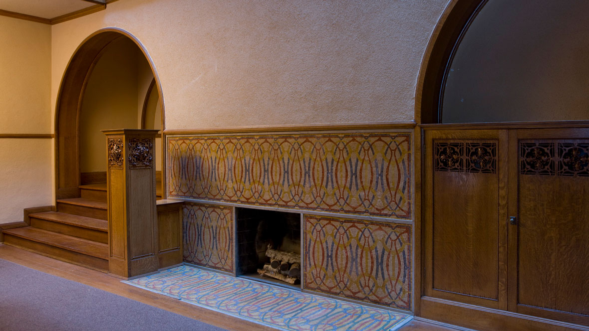 first-floor stairs and fireplace